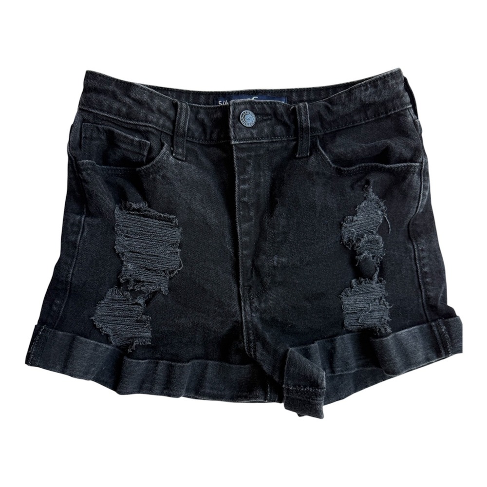 Hollister Ultra High-Rise Mom Shorts Black Distressed Denim Cuffed Size 5 W27